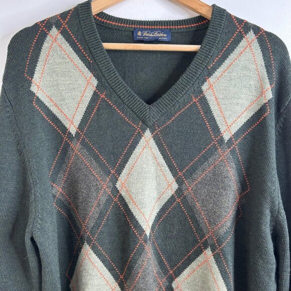 Brooks Brothers Sweater Mens XL Green V Neck Italian Merino Wool Argyle Luxury - Picture 2 of 7